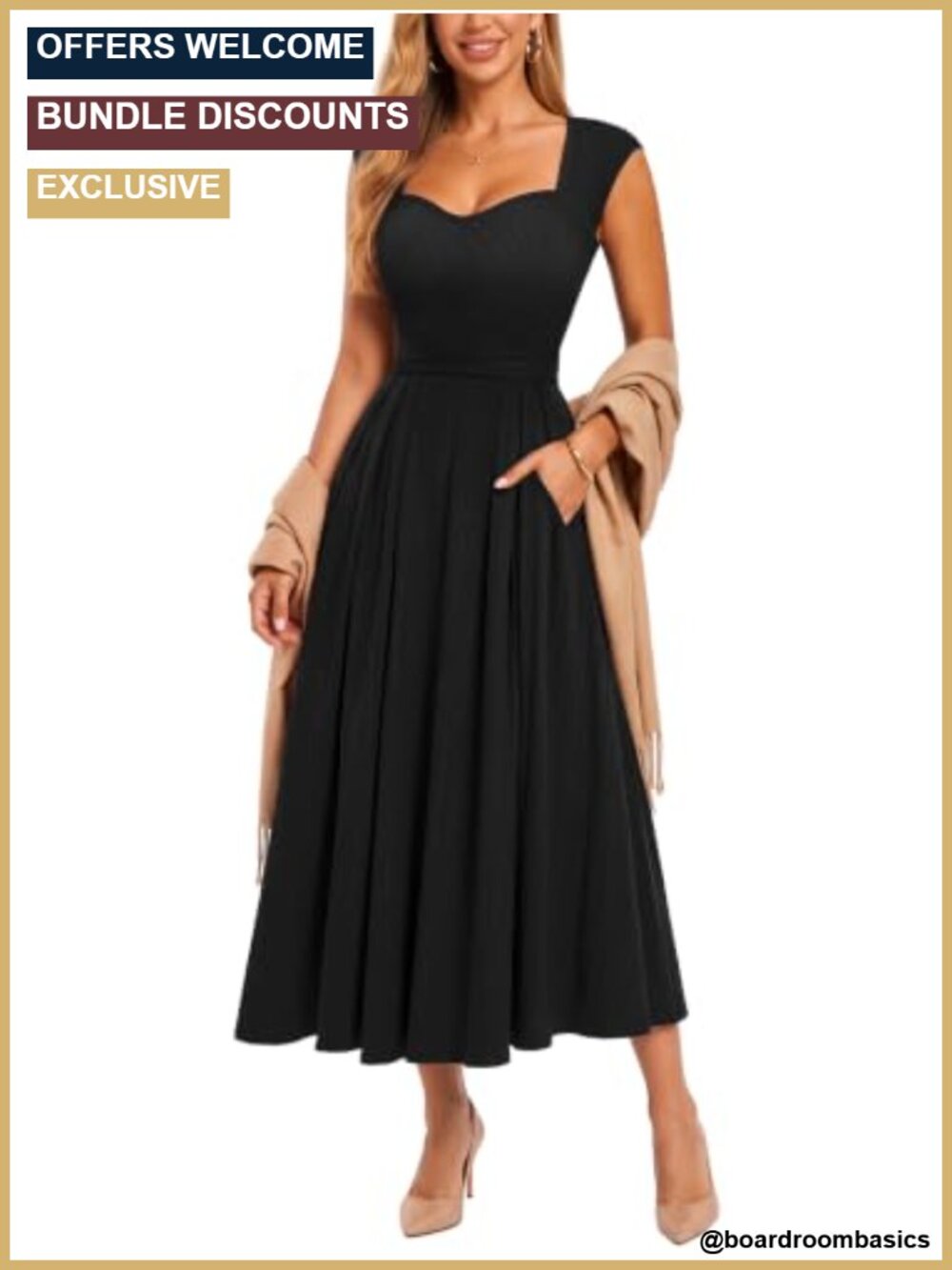 Miusol Retro Square Neck Pleated A-Line Casual Swing Midi Dress